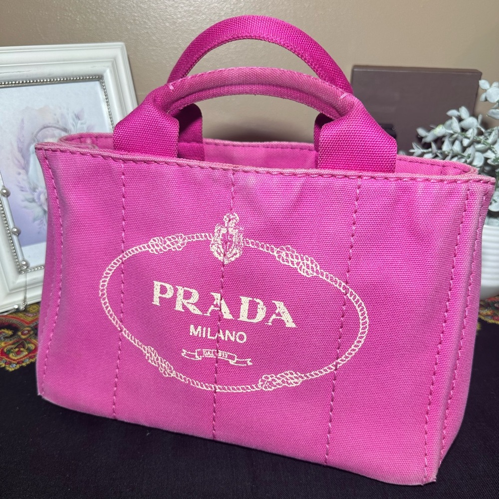 Prada Canapa Pink Canvas Tote handbag purse gold hardware triangle plate logo